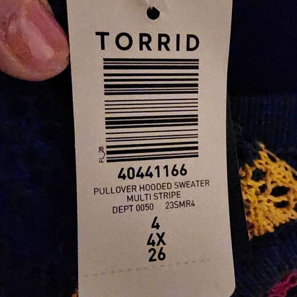 4X 26W Torrid Green Yellow Stripe Open Stitch Pullover Sweater Pocket Fringe lon - Picture 10 of 10